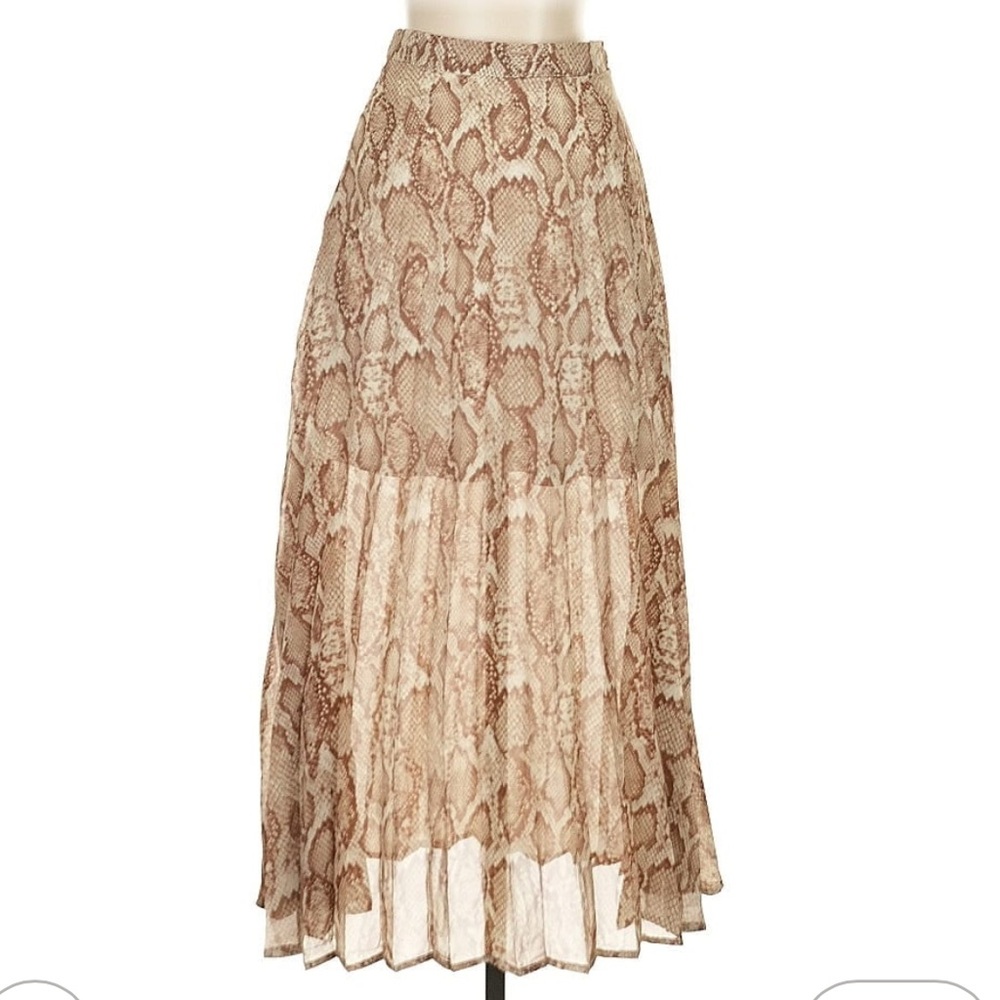Animal Print Snake Pleated Maxi Skirt. 
Brown Skirt